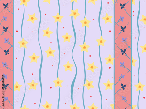 Seamless repeatable fabric pattern for a maxi dress, with a soft, whimsical vintage aesthetic 
