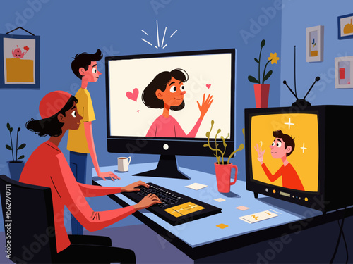  three people one looking at a computer screen, one at a analog standard definition tv