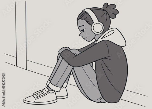 Sad young woman listening to music with headphones while sitting on the ground