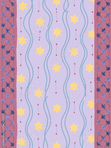 Seamless repeatable fabric pattern for a maxi dress, with a soft, whimsical vintage aesthetic 