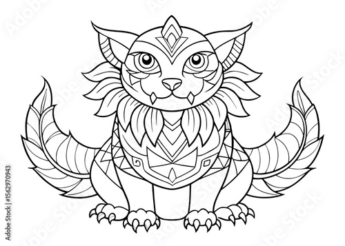 Detailed Line Art of a Fantasy Creature for Coloring Book or Page Design