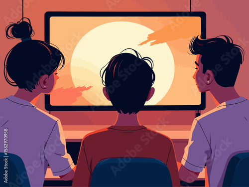  three people one looking at a computer screen, one at a analog standard definition tv