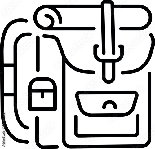 A linear style icon depicting a backpack
