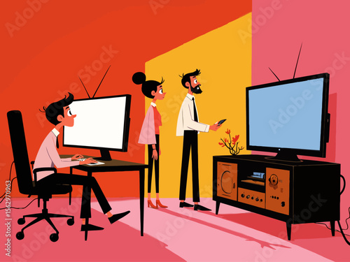  three people one looking at a computer screen, one at a analog standard definition tv