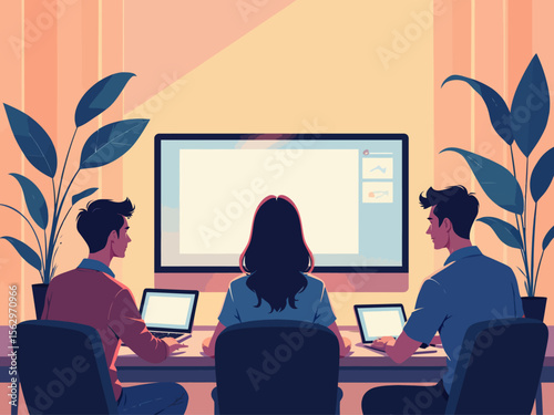  three people one looking at a computer screen, one at a analog standard definition tv