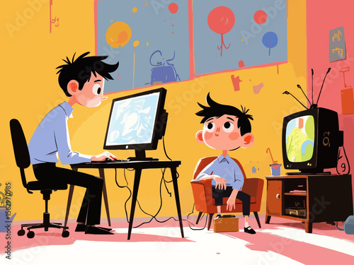  three people one looking at a computer screen, one at a analog standard definition tv