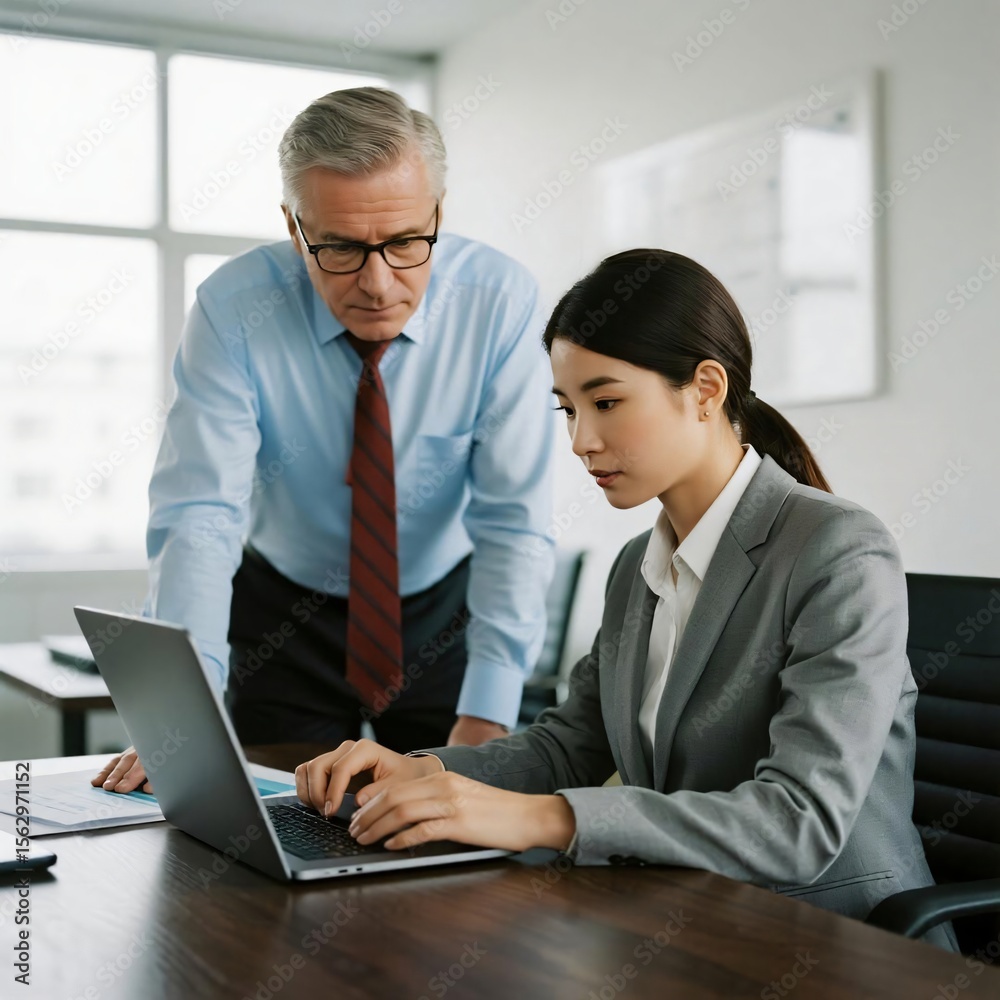 Fototapeta premium Businesswoman and Senior Manager Collaborating on Laptop Office Meeting