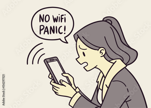 Cartoon Woman Panicking About No Wifi Connection on Her Mobile Phone Device