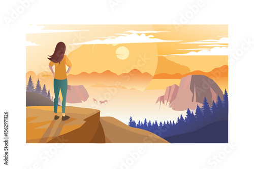 Woman standing on cliff edge overlooking misty mountains at sunrise with pine trees