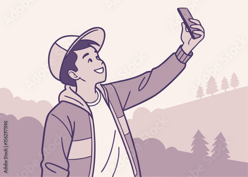 Happy young man taking a selfie in nature with his phone outdoors