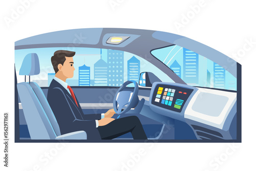 Man in suit driving modern car with digital dashboard and cityscape background