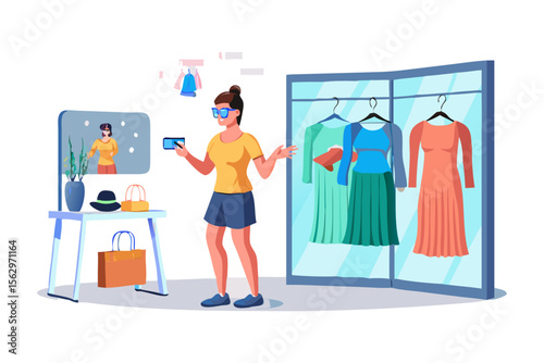 Woman using augmented reality to try on virtual clothes in a digital fitting room