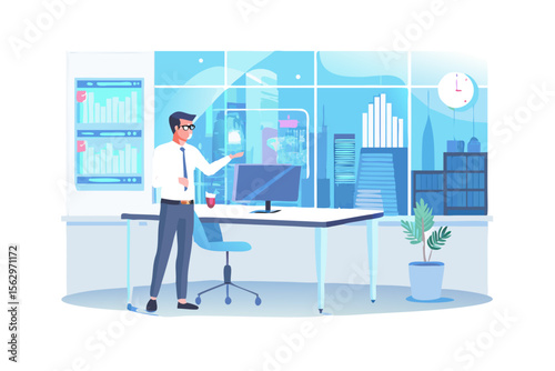 Businessman interacting with futuristic holographic display in modern office overlooking city skyline