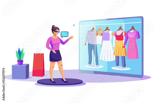 Woman using augmented reality glasses to browse virtual clothing in a futuristic store