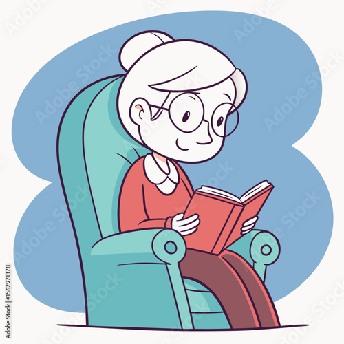 Smiling elderly woman happily reading a book while sitting comfortably in a large armchair