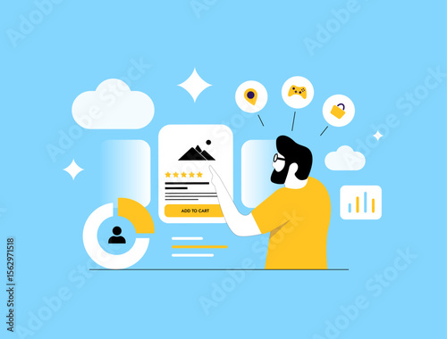 Personalized product recommendations. E-commerce platforms improve shopping experience using user behavior tracking. Personalized product recommendations increase marketplace sales illustration
