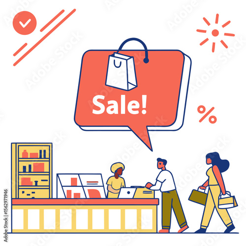 Illustration of a retail store checkout counter with customers and a large sale announcement bubble above indicating a special promotion or discount event