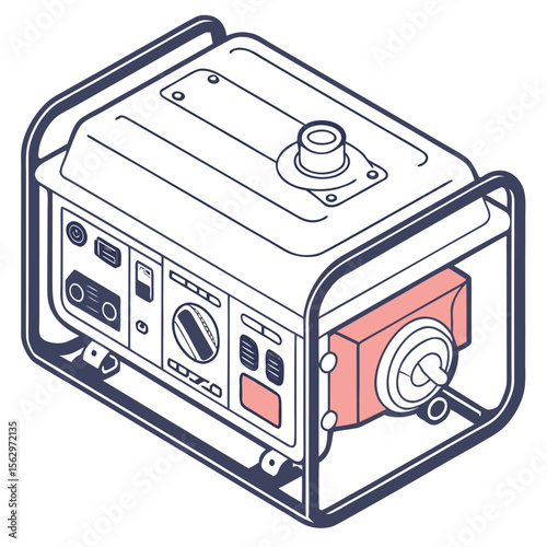 Modern portable generator with a clean isometric line art illustration featuring a fuel tank control panel with switches and outlets and a prominent power outlet