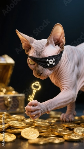 Hairless cat dressed as a pirate, holding a key amidst gold coins and treasure chest.