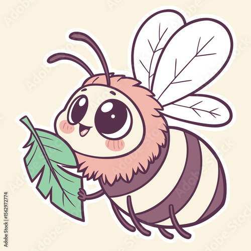 Adorable Cartoon Bee Holding a Green Leaf in its Tiny Paws Flying Freely in a Sunny Day