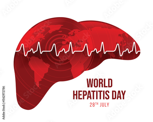 World Hepatitis Day - Red Liver with white line heart wave on ring wave and world map texture vector design