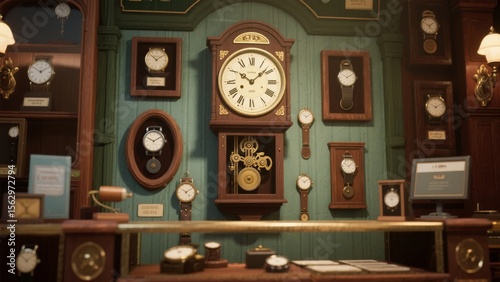 Clock shop interior with various timepieces displayed on shelves and walls