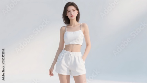 A person wearing a white tank top and shorts, standing against a minimalist background.