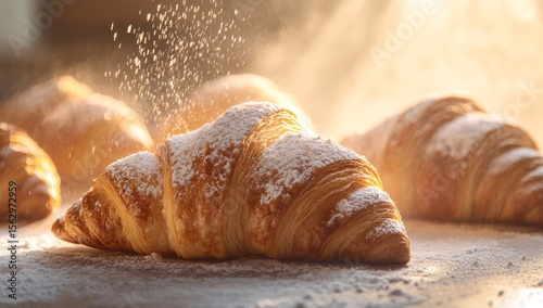 Fresh croissants dusted with powdered sugar, bakery display, sunlight