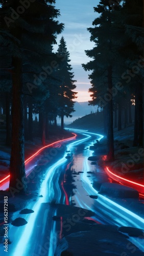 Long Exposure Night Forest Road with Light Trails