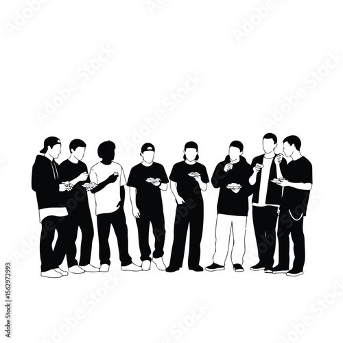 vector of a group of men talking and eating cake