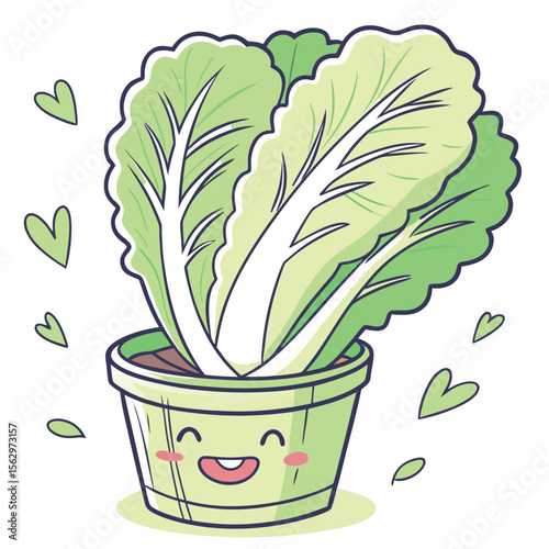 Adorable Happy Chinese Cabbage Plant Growing in a Cute Pot with Hearts Floating Around