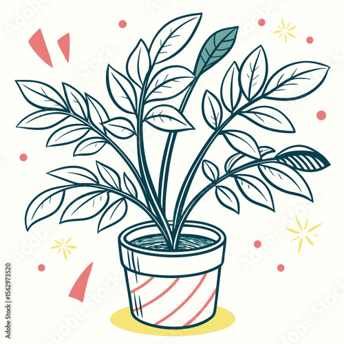 A Vibrant Potted Plant with Stylized Decorations and Sparkles