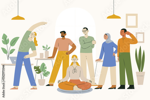 Coworkers Practicing Office Yoga and Stretching – Flat Vector Illustration in Minimalist Style