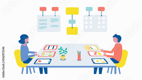 Two people sitting at a table with papers and a plant in a meeting room with diagrams on the wall