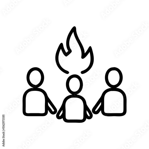 Three people sitting around a campfire with flame icon concept  