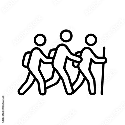 Three hikers walking on trail with backpacks and hiking pole - Concept of icon, people group  