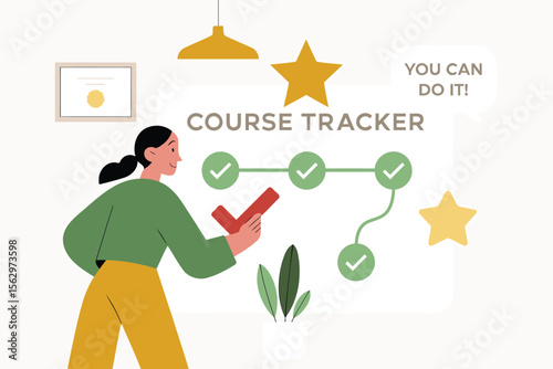 Course Tracker Milestone Illustration with Motivational Elements and Plants