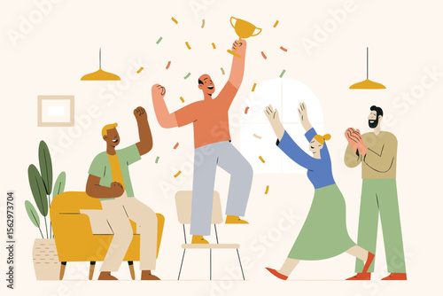 Cheerful Team Celebration with Trophy and Confetti Flat Vector Office Illustration