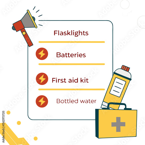 Essential emergency preparedness supplies checklist including flashlights batteries first aid kit and bottled water with a megaphone and first aid box