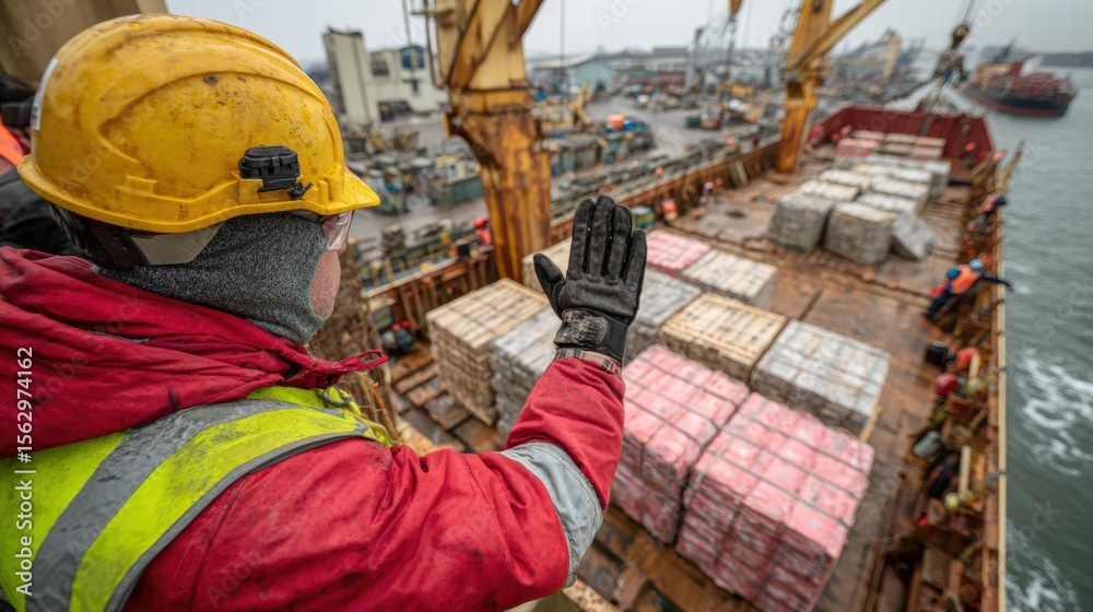 Fototapeta premium Worker Overseeing Cargo Loading on Docked Ship in Harbor