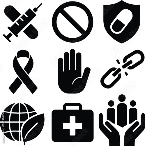 Black silhouette icon set for International Day Against Drug Abuse and Illicit Trafficking — featuring crossed pill & syringe, no‑symbol, shield with capsule, awareness ribbon, hand stop sign, chain b