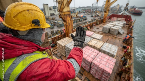 Worker Overseeing Cargo Loading on Docked Ship in Harbor