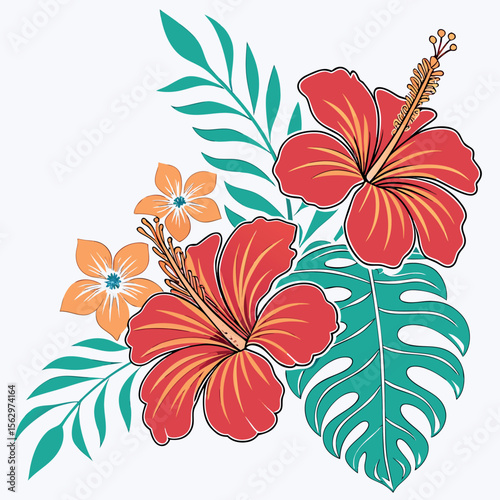 Vibrant Tropical Floral Arrangement with Exotic Hibiscus and Lush Greenery