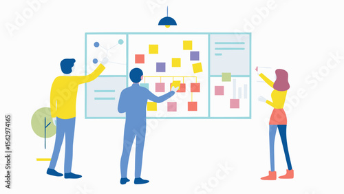 People collaborating on a project board with sticky notes and diagrams in a bright and modern office