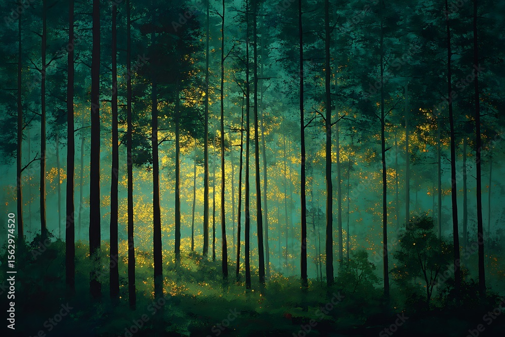 Obraz premium deep forest with golden sunlight cutting through dark green shadows