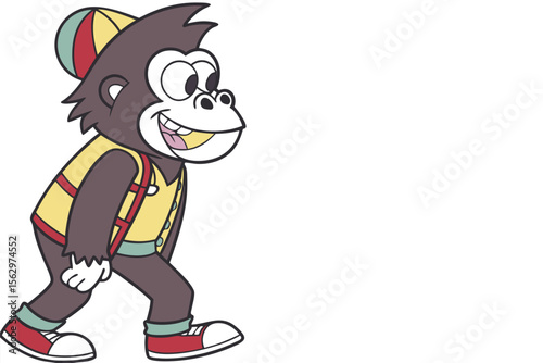 Cartoon chimpanzee wearing a hat and jacket swings happily from a striped rope above
