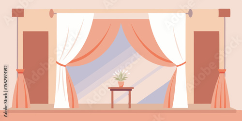 Luxury living room interior with nobody, featuring a window with curtains, antique furniture, and elegant decor