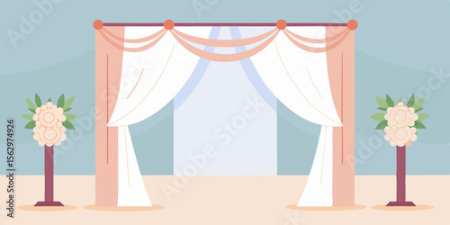 Red velvet curtains frame a luxurious theater stage against a sky backdrop, perfect for an entertainment design illustration