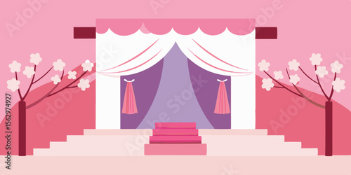 Abstract floral carousel with pink and red curtains, a fun vintage circus tent design under a festive sky