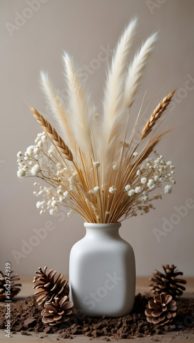 Golden wheat stalks and baked bread in a rustic vase, symbolizing nature's bounty